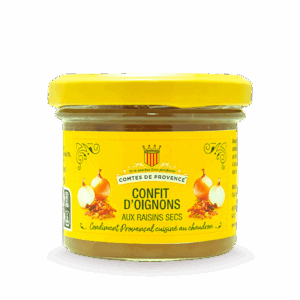 Confit d’oignons aux raisins secs Comtes de Provence – condiment provençal cuisiné au chaudron, idéal pour accompagner foie gras, viandes et fromages.