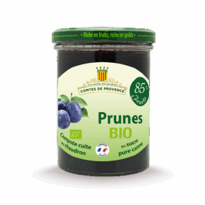 Compote de Prunes BIO Pot de compote de prunes BIO Comtes de Provence, cuite au chaudron, 85 % de fruits, au sucre de canne, certifiée Agriculture Biologique et cuisinée en France