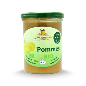 Compote de pommes BIO à 85 % de fruits. Recette Comtes de Provence douce, naturelle et cuite au chaudron.