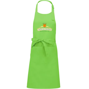 Tablier vert long avec le logo "Comtes de Provence" sur le haut du tablier
