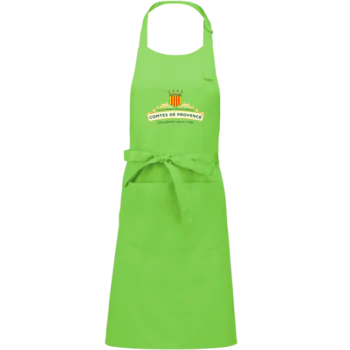 Tablier vert long avec le logo "Comtes de Provence" sur le haut du tablier