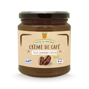 Pot de crème de café biologique de la marque Comtes de Provence, délice gourmand à tartiner, avec un packaging naturel et des logos indiquant une fabrication française et un engagement PME+
