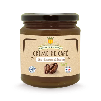 Pot de crème de café biologique de la marque Comtes de Provence, délice gourmand à tartiner, avec un packaging naturel et des logos indiquant une fabrication française et un engagement PME+