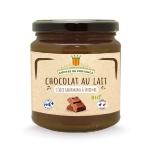 Pot de pâte à tartiner Chocolat au Lait bio Comtes de Provence, délice gourmand à tartiner, avec un visuel de chocolat au lait et des labels PME et Made in France.