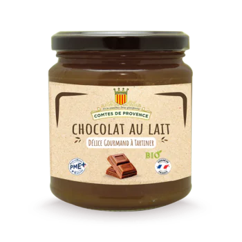 Pot de pâte à tartiner Chocolat au Lait bio Comtes de Provence, délice gourmand à tartiner, avec un visuel de chocolat au lait et des labels PME et Made in France.